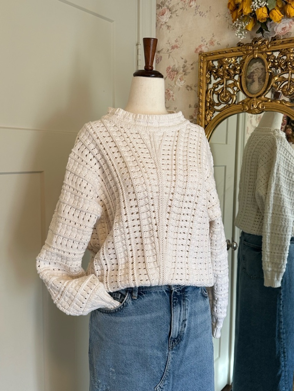 Sweater Elie Tahari Eyelet Knit Pullover Ivory L Dolman Sleeve Boxy Crewneck